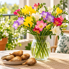 Colourful freesia flowers in vase with freesia bulbs – lifestyle image