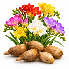 Freesia mixed colour bulbs and flowers on white background – GREEN GARDENS