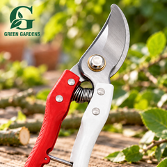 Close-up of SK5 garden pruner blade, spring and red white grip - GREEN GARDENS