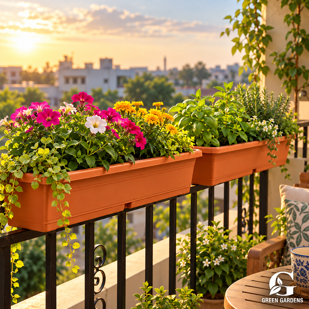 Rectangular Plastic Planter 23x8x6 Inch balcony lifestyle – GREEN GARDENS Pakistan