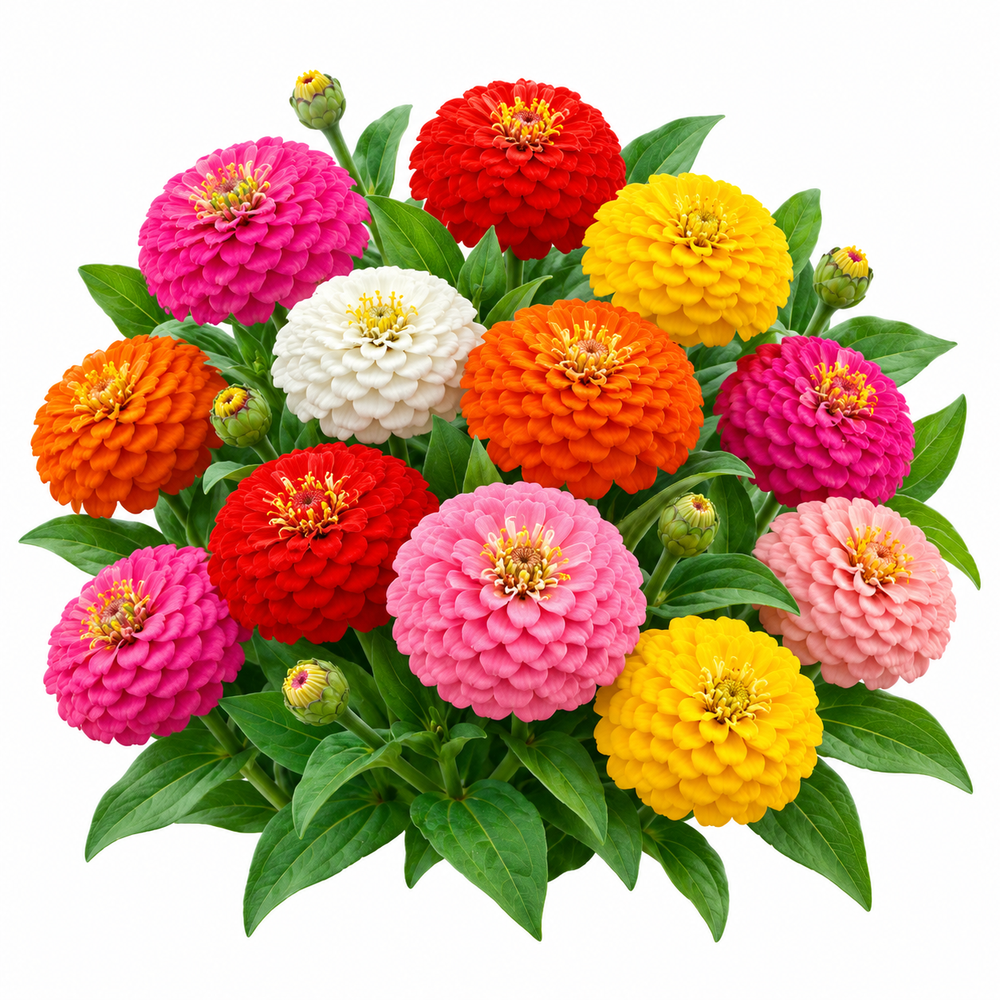 Zinnia Lilliput Mix double pompom flowers isolated on pure white background