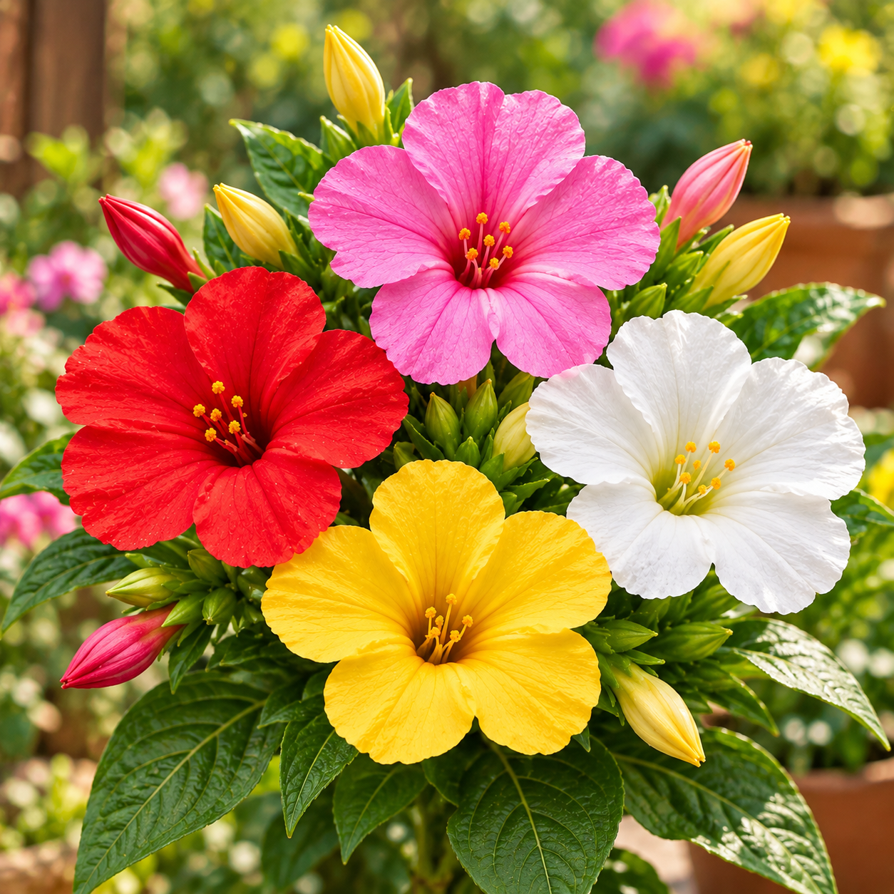 4 O'Clock Mirabilis jalapa mix with colourful pink red yellow and white flowers – summer flower seeds for pots grow bags and garden beds in Pakistan