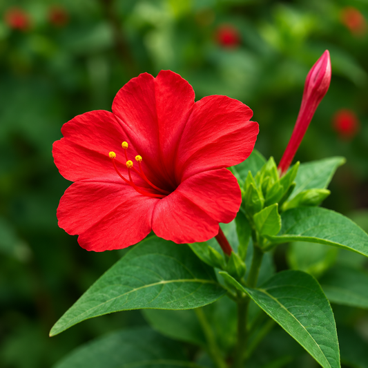 Red 4 O'Clock Mirabilis jalapa with fragrant trumpet-shaped red flowers – summer flower seeds for pots grow bags and garden beds in Pakistan