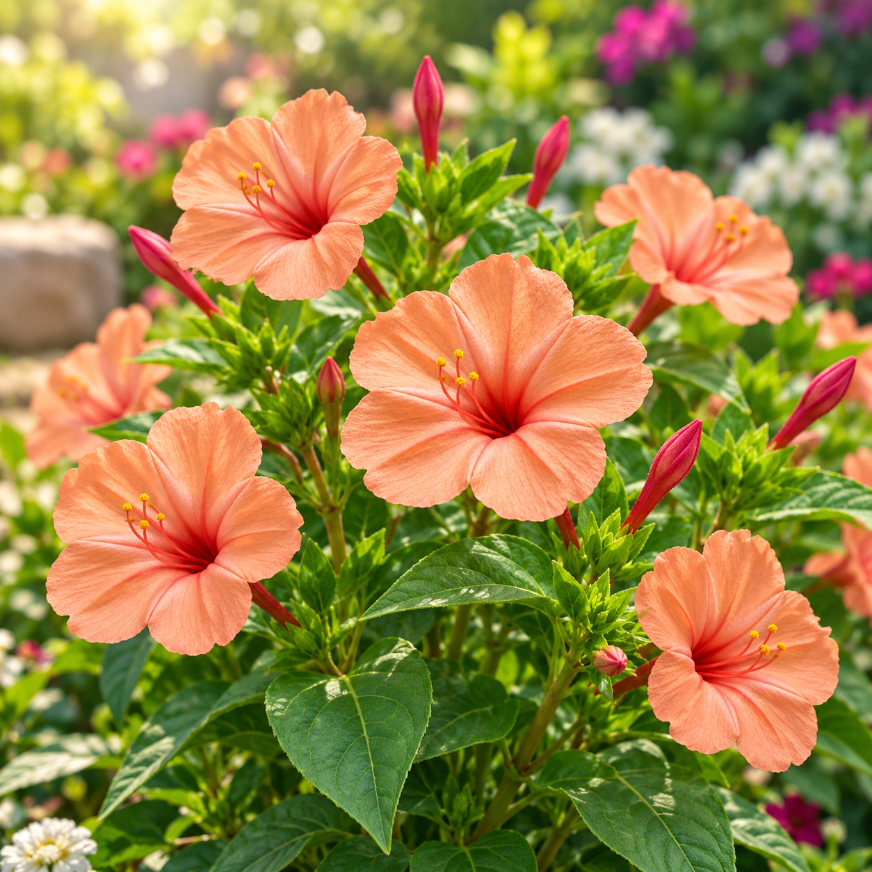 Salmon 4 O'Clock Mirabilis jalapa with fragrant salmon-pink trumpet-shaped flowers – summer flower seeds for pots grow bags and garden beds in Pakistan
