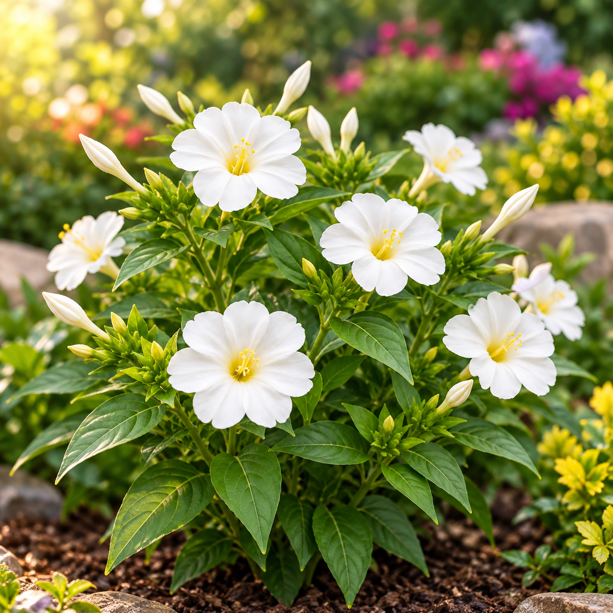 White 4 O'Clock Mirabilis jalapa with fragrant trumpet-shaped white flowers – summer flower seeds for pots grow bags and garden beds in Pakistan