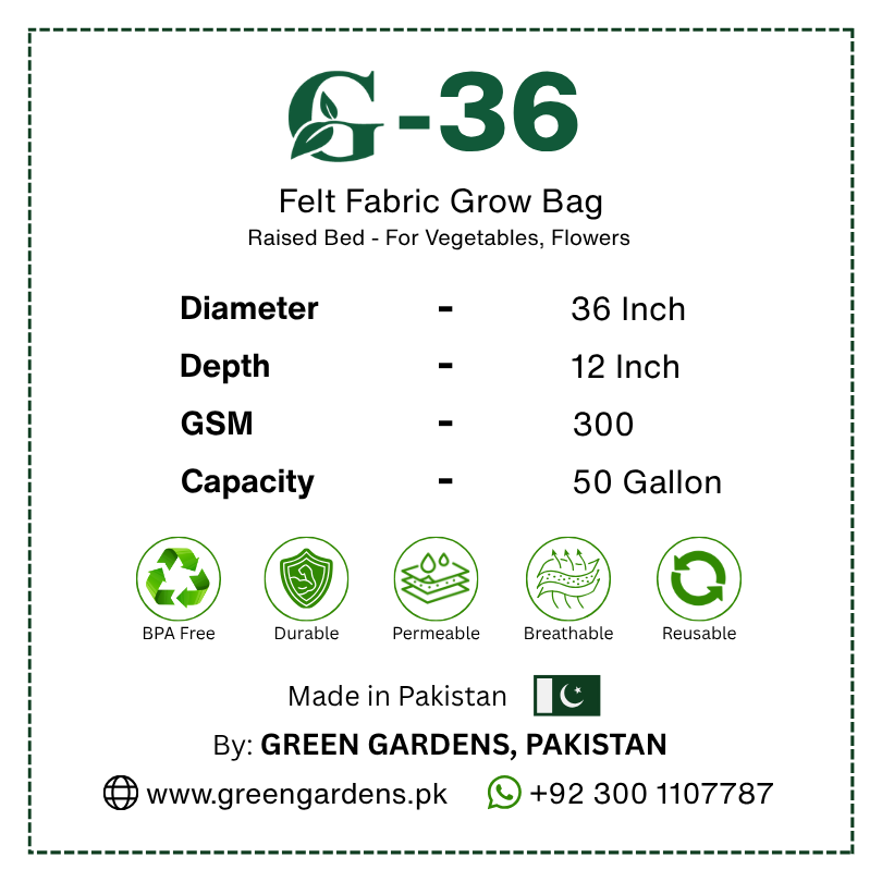 Grow Bag G-36 Green – 36×12 Inch Round Felt Fabric Raised Bed | 50 Gallon