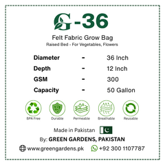 Grow Bag G-36 Green – 36×12 Inch Round Felt Fabric Raised Bed | 50 Gallon
