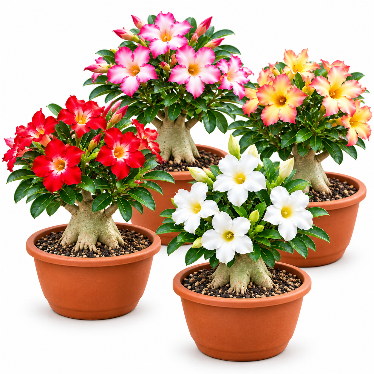 Adenium obesum Desert Rose mix with colourful trumpet-shaped flowers and distinctive swollen caudex – summer flower seeds for pots and grow bags in Pakistan