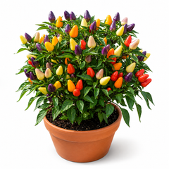 Aladdin ornamental pepper plant with colourful upright purple yellow orange and red fruits – decorative chilli seeds for home gardening in Pakistan