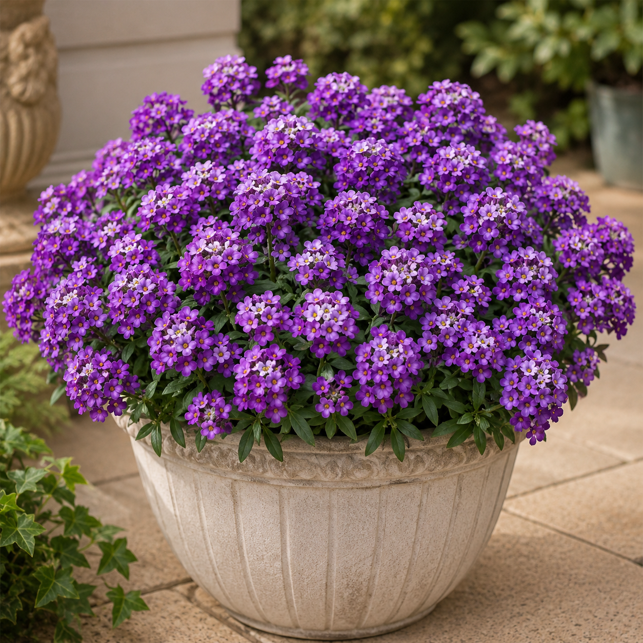 Full Alyssum Violet Queen plant covered with purple flowers in a garden planter