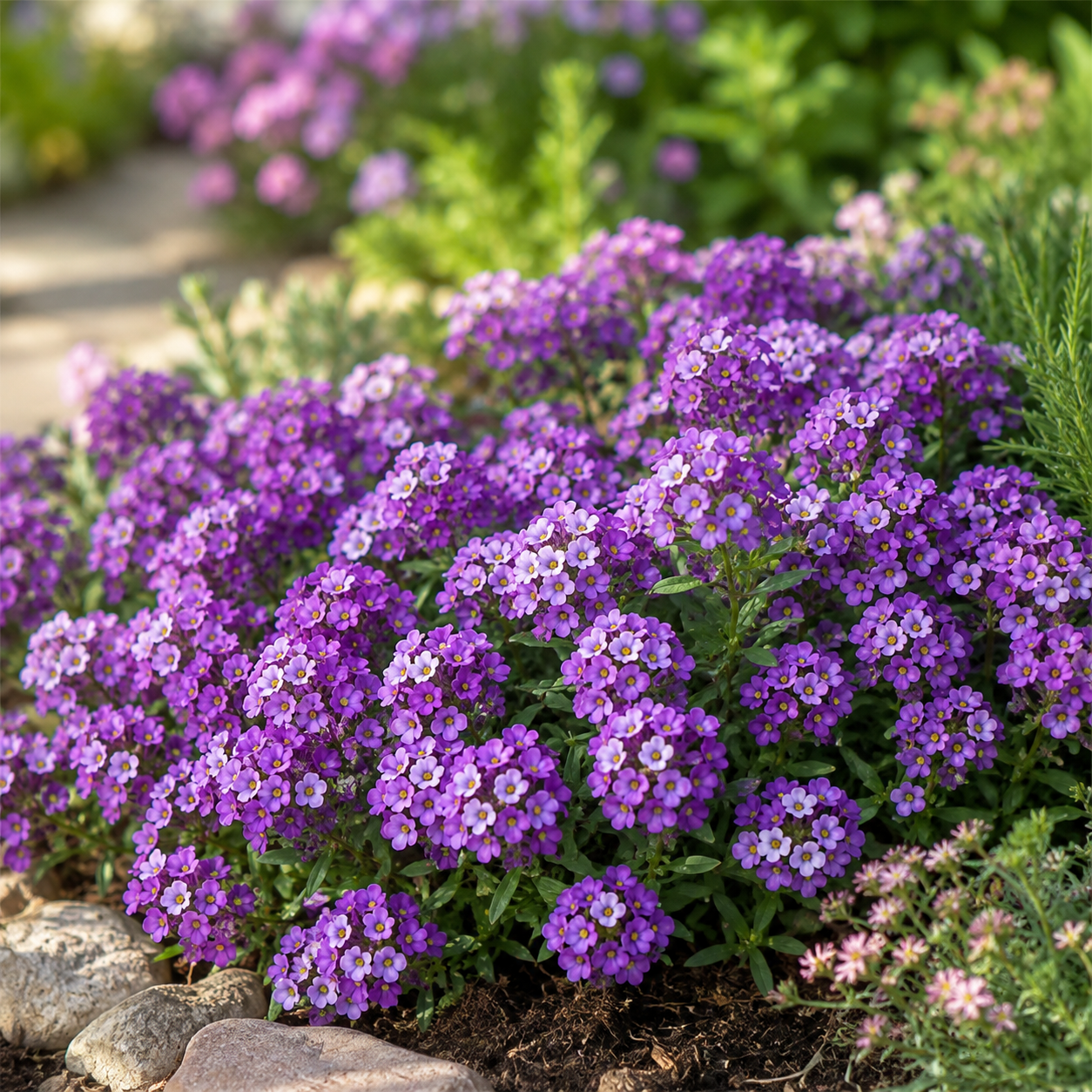 Alyssum Violet Queen purple flowers growing in a landscaped garden border