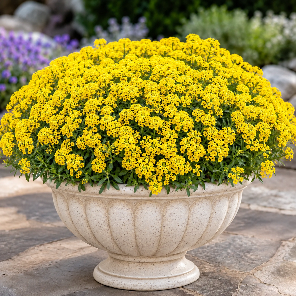 Yellow Alyssum flowers in full bloom forming a compact bright-yellow flowering carpet – winter flower seeds for pots, borders and rock gardens in Pakistan