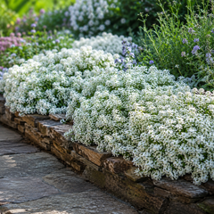 White Alyssum flowers growing beautifully along a landscaped garden border