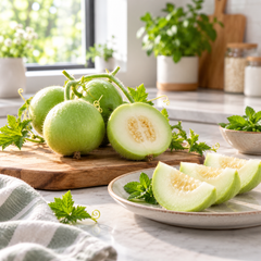 Round light-green F1 hybrid Tinda fruits growing on a healthy plant – Apple Gourd seeds for home and kitchen gardening in Pakistan
