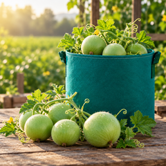 Round light-green F1 hybrid Tinda fruits growing on a healthy plant – Apple Gourd seeds for home and kitchen gardening in Pakistan