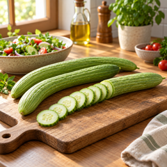 Armenian Cucumber OP Kakri Tar with long slender light-green ridged fruits growing on vigorous climbing vines – summer vegetable seeds for kitchen gardens trellises and grow bags in Pakistan