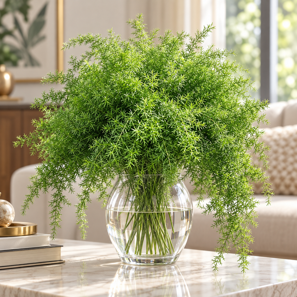 Asparagus Fern with lush delicate feathery green foliage – ornamental perennial foliage plant grown from seeds in pots and hanging baskets in Pakistan