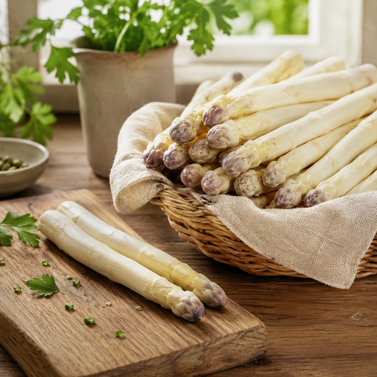 White asparagus spears emerging from soil with fern-like foliage – perennial asparagus seeds for home gardening in Pakistan