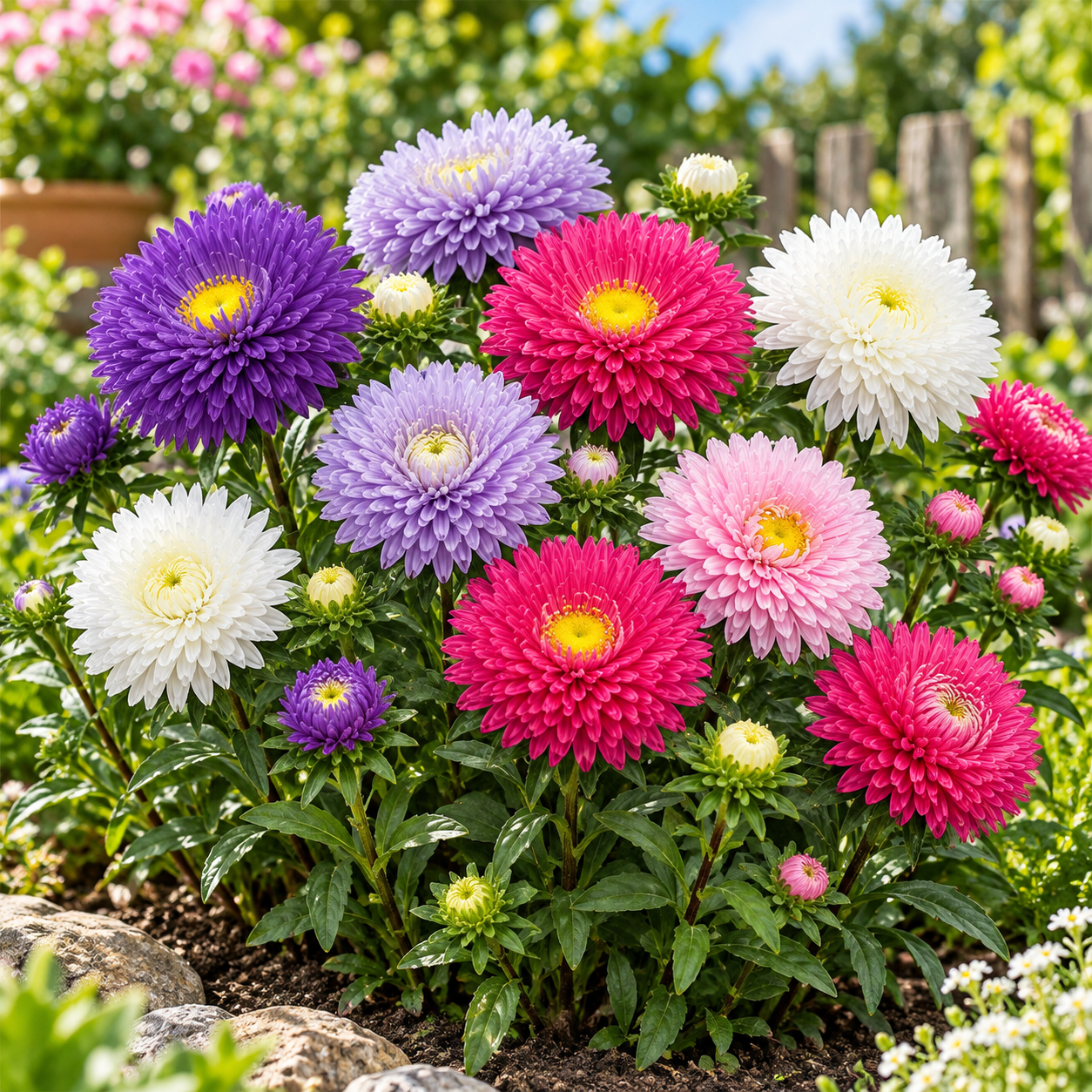 Aster Chinensis Princess Mix Callistephus chinensis with double pink purple and white flowers – winter flower seeds for beds borders grow bags and cut flowers in Pakistan