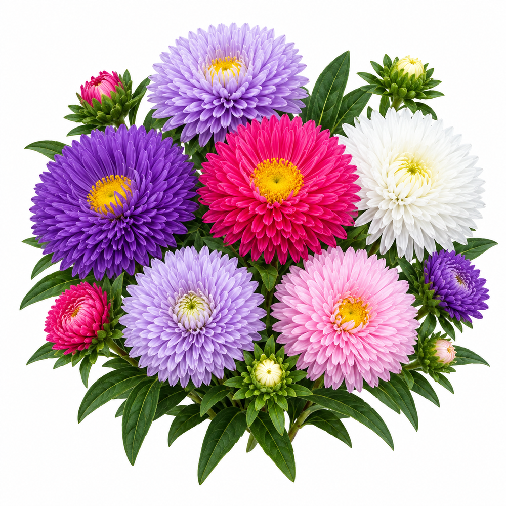 Aster Chinensis Princess Mix Callistephus chinensis with double pink purple and white flowers – winter flower seeds for beds borders grow bags and cut flowers in Pakistan