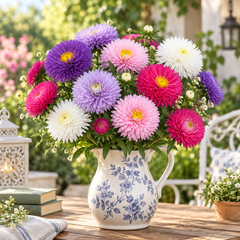 Aster Chinensis Princess Mix Callistephus chinensis with double pink purple and white flowers – winter flower seeds for beds borders grow bags and cut flowers in Pakistan