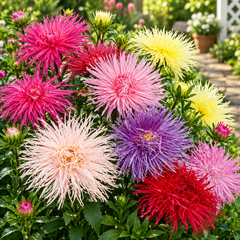 Aster Needle Unicum Mix Callistephus chinensis with colourful spider-like flowers and long needle-shaped petals – winter flower seeds for beds borders pots and grow bags in Pakistan