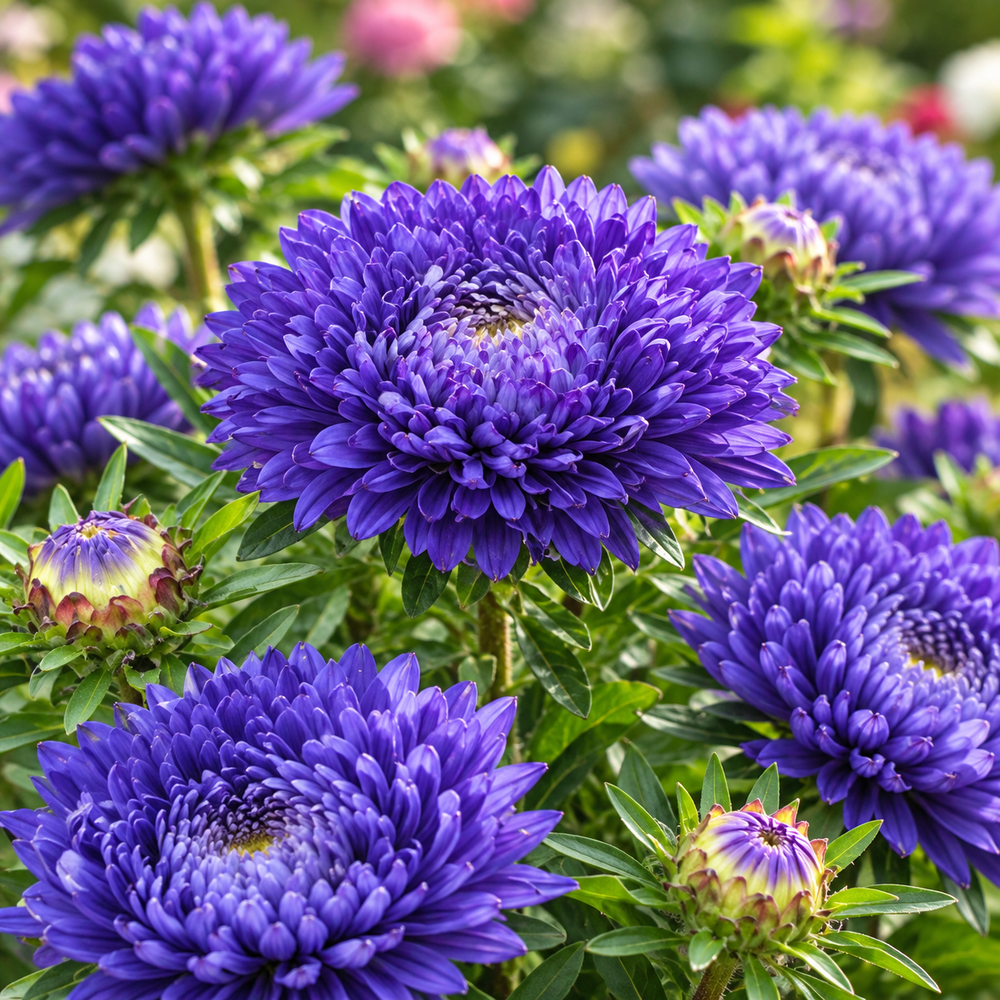 Aster Peony Blue Callistephus chinensis with large double blue peony-style flowers – winter flower seeds for beds pots and grow bags in Pakistan