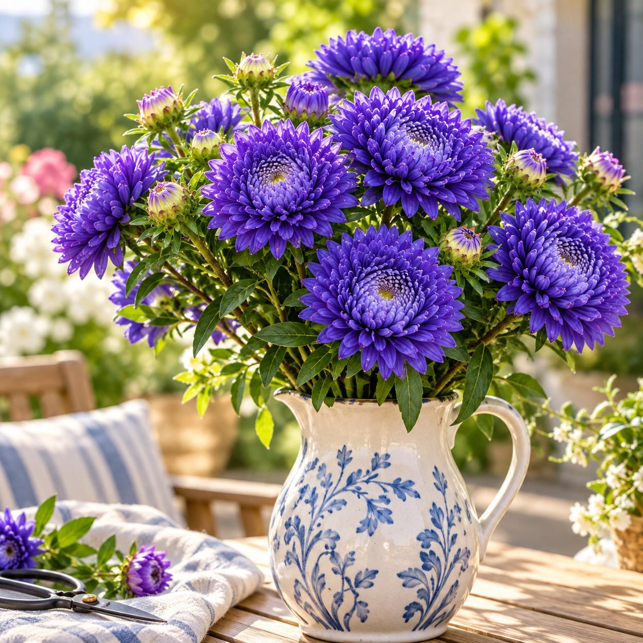 Aster Peony Blue Callistephus chinensis with large double blue peony-style flowers – winter flower seeds for beds pots and grow bags in Pakistan