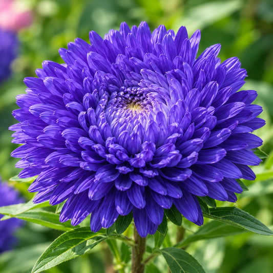 Aster Peony Blue Callistephus chinensis with large double blue peony-style flowers – winter flower seeds for beds pots and grow bags in Pakistan