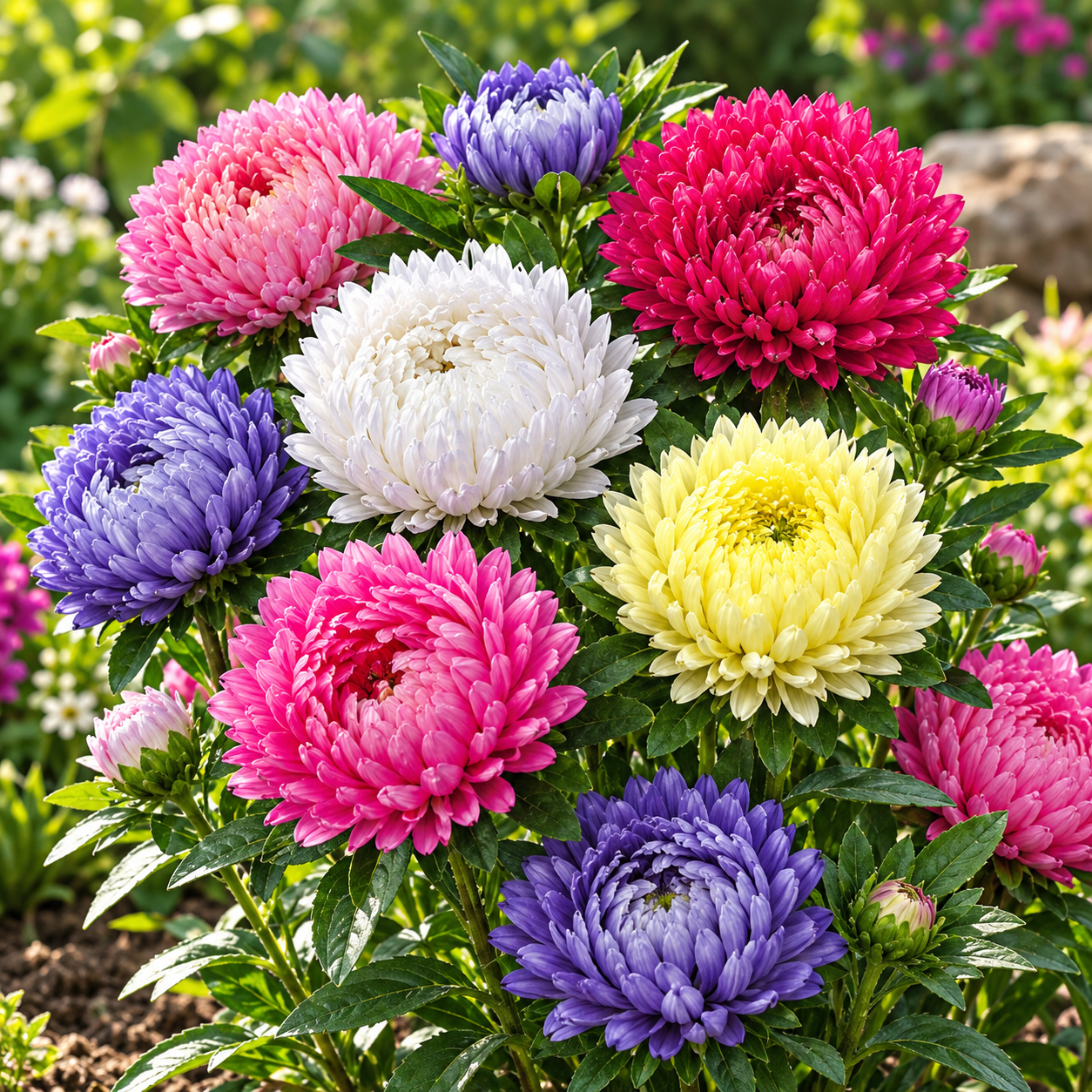 Aster Peony Mix Callistephus chinensis with large double mixed-colour peony-style flowers – winter flower seeds for beds pots and grow bags in Pakistan