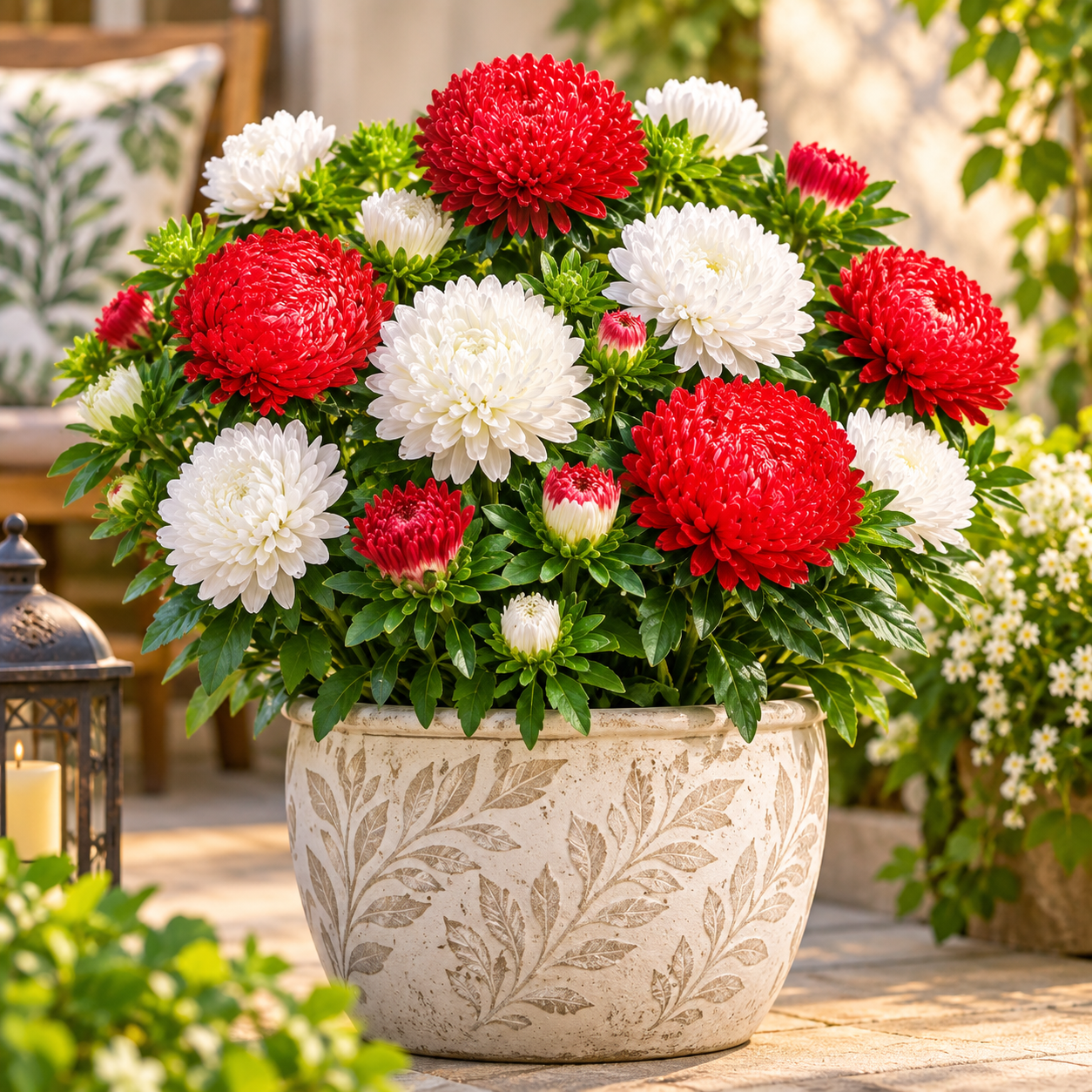 Aster Peony Red and White Callistephus chinensis with large double peony-like blooms – winter flower seeds for beds borders pots and grow bags in Pakistan