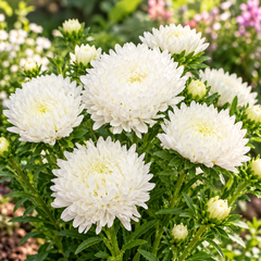 Aster Peony White Callistephus chinensis with large double white peony-style flowers – winter flower seeds for beds pots and grow bags in Pakistan