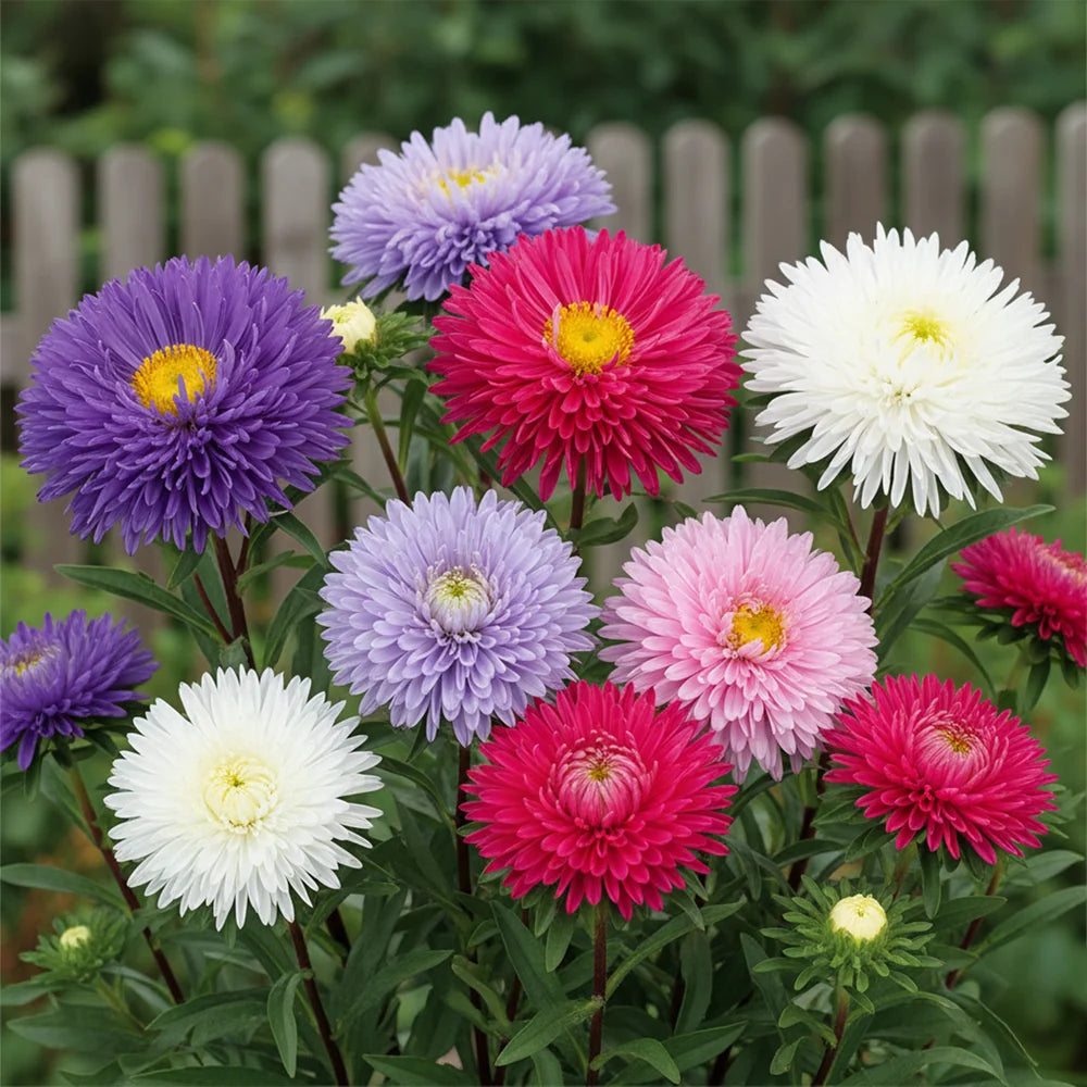 Aster Chinensis Princess Mix Callistephus chinensis with double pink purple and white flowers – winter flower seeds for beds borders grow bags and cut flowers in Pakistan