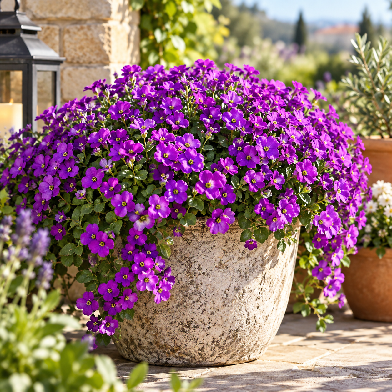 Aubrieta Nana Compacta with dense low-growing purple violet flowers cascading over rocks and edges – winter flower seeds for pots borders and grow bags in Pakistan