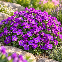 Aubrieta Nana Compacta with dense low-growing purple violet flowers cascading over rocks and edges – winter flower seeds for pots borders and grow bags in Pakistan