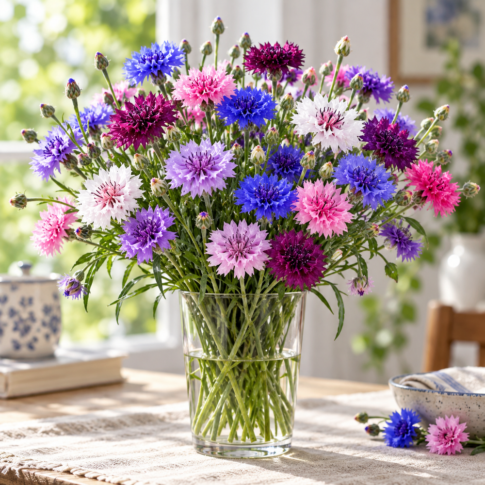 Bachelor's Button Double Tall Mix Cornflower with colourful double blue pink white rose and lavender flowers – Centaurea cyanus winter flower seeds in Pakistan