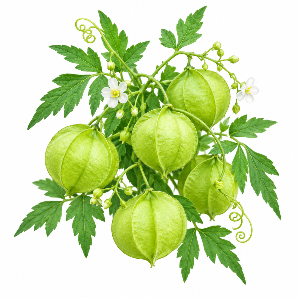 Balloon Vine Love in a Puff Cardiospermum halicacabum climbing on a trellis with green balloon-shaped seed pods and delicate white flowers in Pakistan