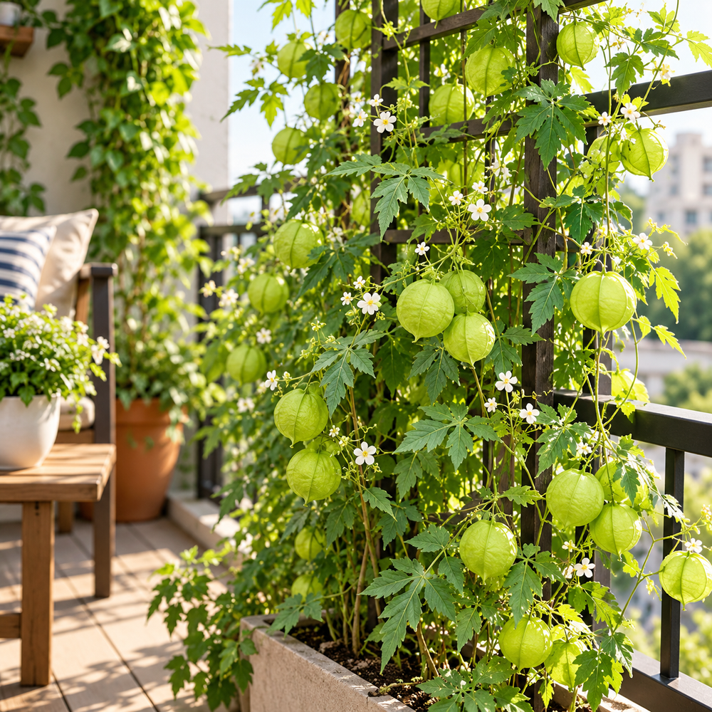 Balloon Vine Love in a Puff Cardiospermum halicacabum climbing on a trellis with green balloon-shaped seed pods and delicate white flowers in Pakistan