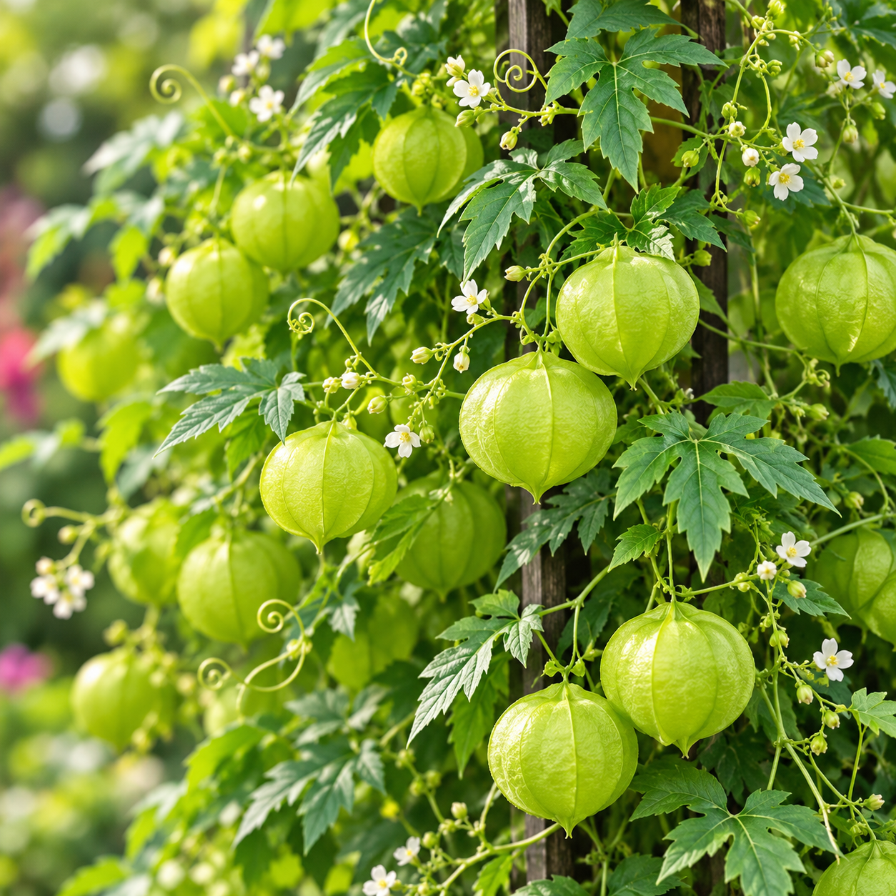 Balloon Vine Love in a Puff Cardiospermum halicacabum climbing on a trellis with green balloon-shaped seed pods and delicate white flowers in Pakistan