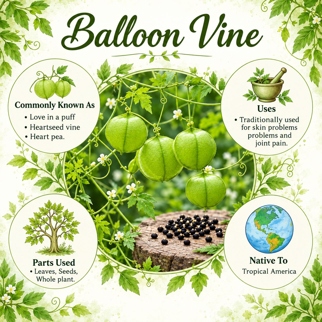 Balloon Vine Love in a Puff Cardiospermum halicacabum climbing on a trellis with green balloon-shaped seed pods and delicate white flowers in Pakistan