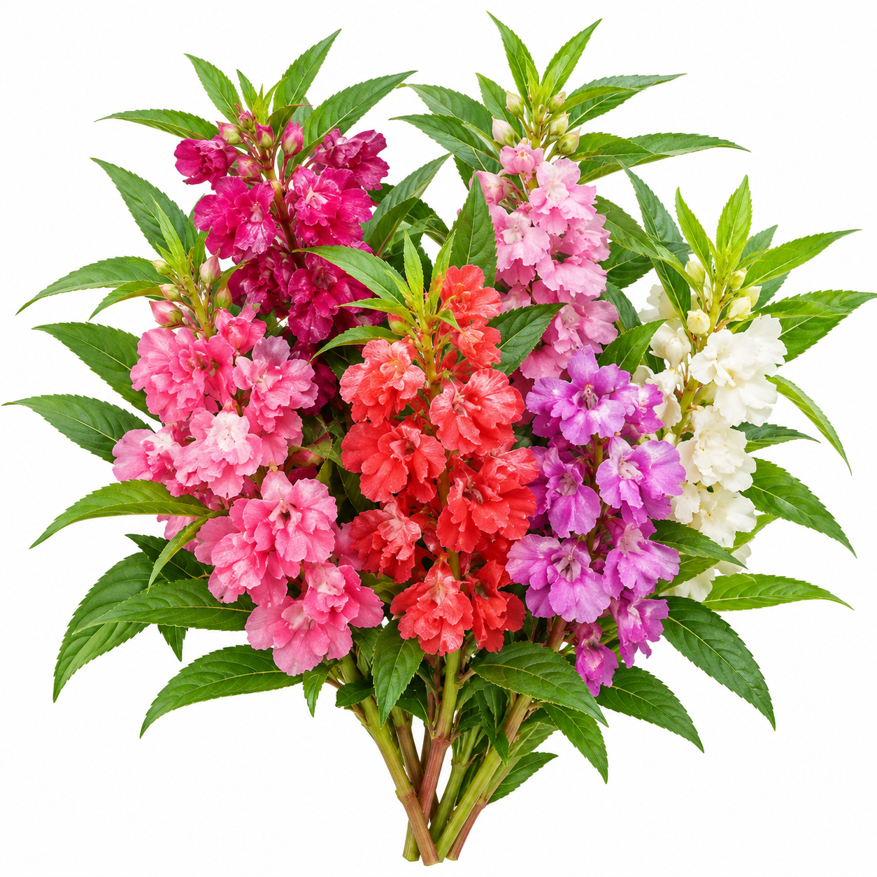 Garden Balsam Bush Gul Mehndi plant with colourful summer flowers growing along upright leafy stems in a home garden – Impatiens balsamina flower seeds Pakistan