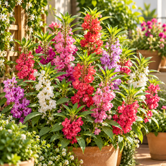 Garden Balsam Bush Gul Mehndi plant with colourful summer flowers growing along upright leafy stems in a home garden – Impatiens balsamina flower seeds Pakistan