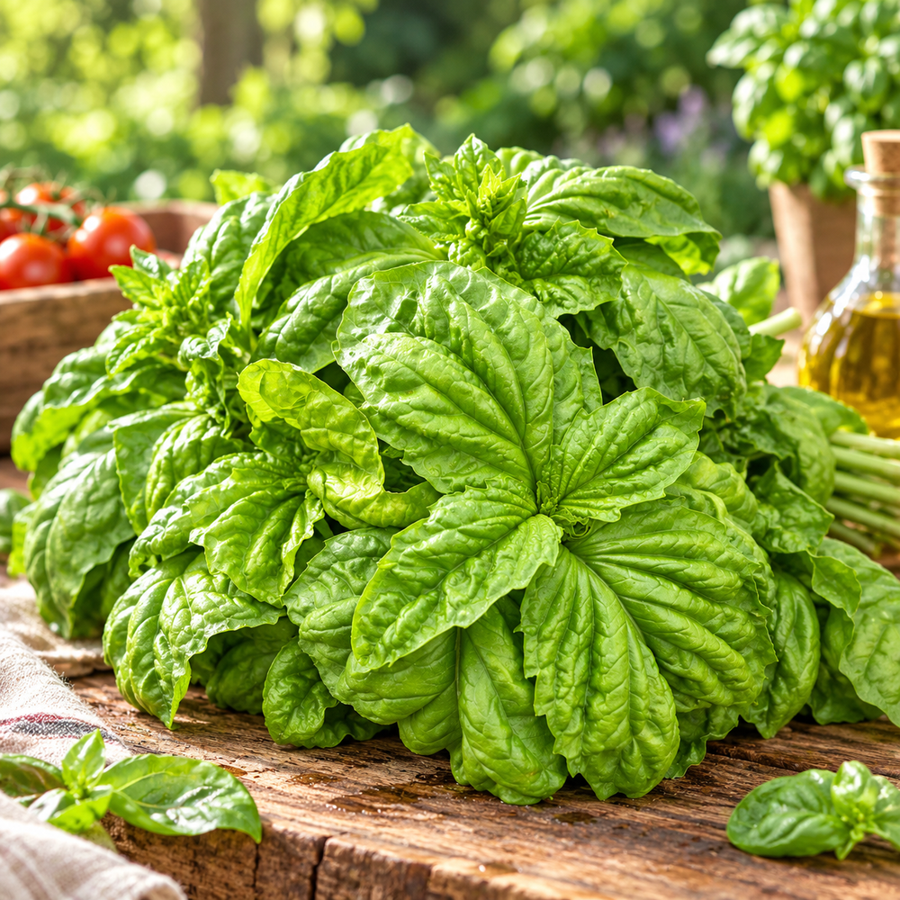 Italian Lettuce Leaf Basil Foglia di Lattuga plant with large broad slightly crinkled aromatic green leaves growing in a home herb garden – basil seeds Pakistan