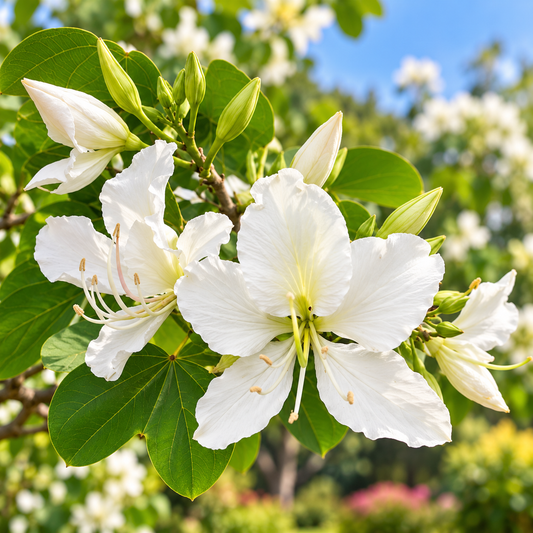 Bauhinia alba White Kachnar tree with elegant white orchid-like flowers and distinctive bilobed leaves – perennial flowering tree seeds in Pakistan
