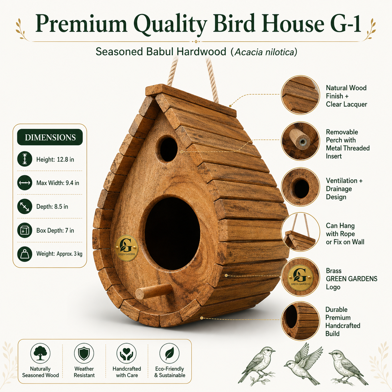 Premium Quality  Bird House G-1 – Handcrafted from Seasoned Babul Hardwood