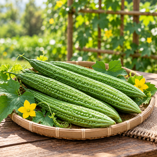 Long dark-green Kareli Jhalri bitter gourds growing on a vigorous climbing vine – summer Bitter Gourd Long Seeds for home gardening in Pakistan