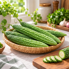 Long dark-green Kareli Jhalri bitter gourds growing on a vigorous climbing vine – summer Bitter Gourd Long Seeds for home gardening in Pakistan