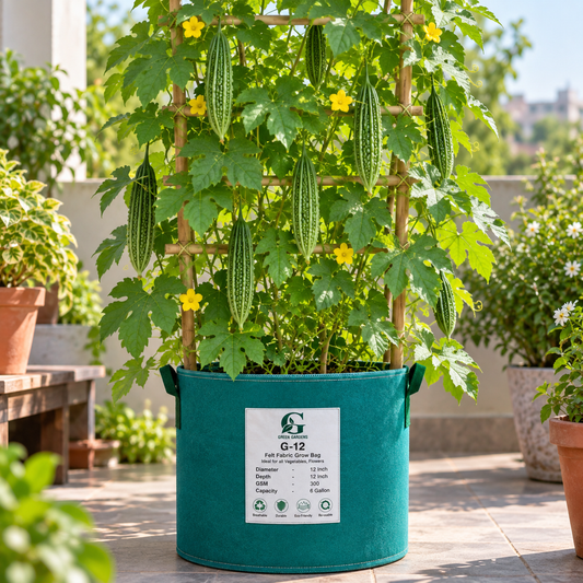 Long dark-green Kareli Jhalri bitter gourds growing on a vigorous climbing vine – summer Bitter Gourd Long Seeds for home gardening in Pakistan