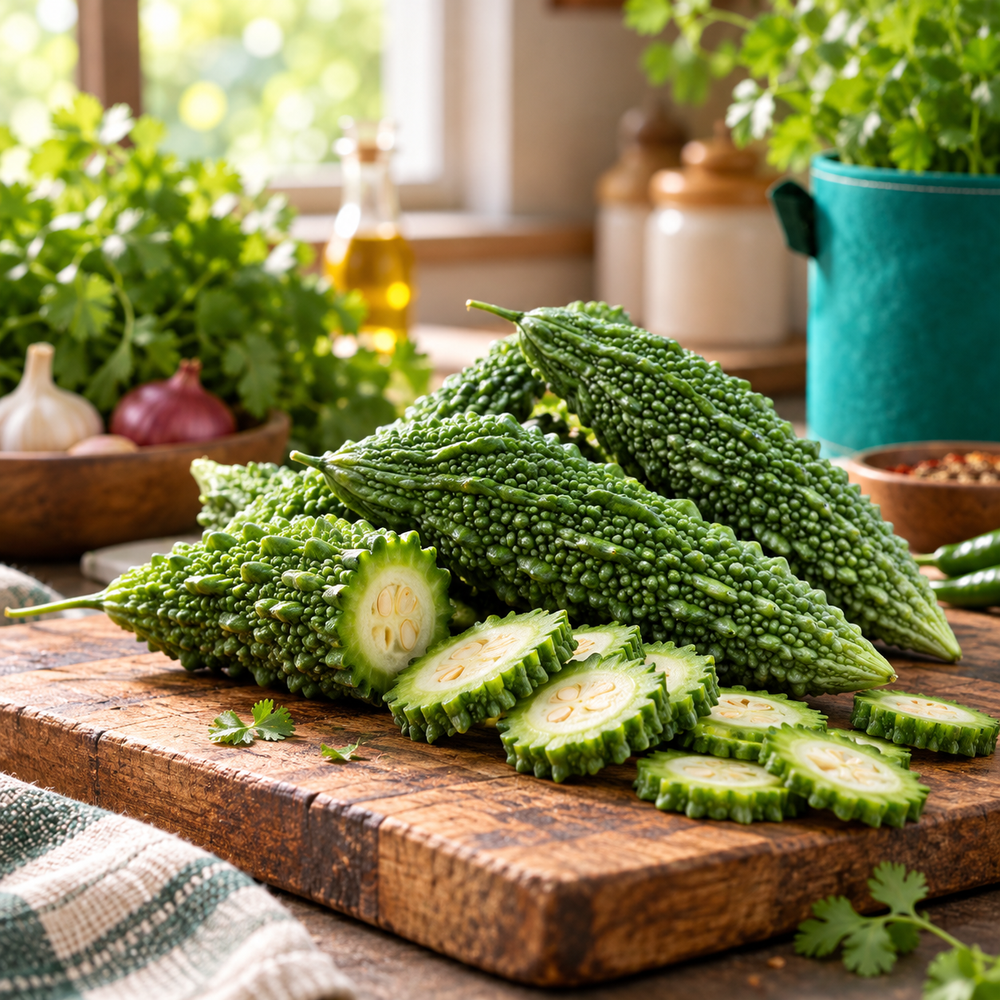 Desi Karela Bitter Gourd with fresh green elongated ridged and bumpy fruits growing on vigorous climbing vines – summer vegetable seeds for kitchen gardens trellises and grow bags in Pakistan
