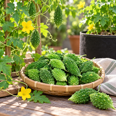 Bitter Gourd Small F1 Hybrid with compact green textured karela fruits growing on climbing vines – summer vegetable seeds for kitchen gardens trellises and grow bags Pakistan
